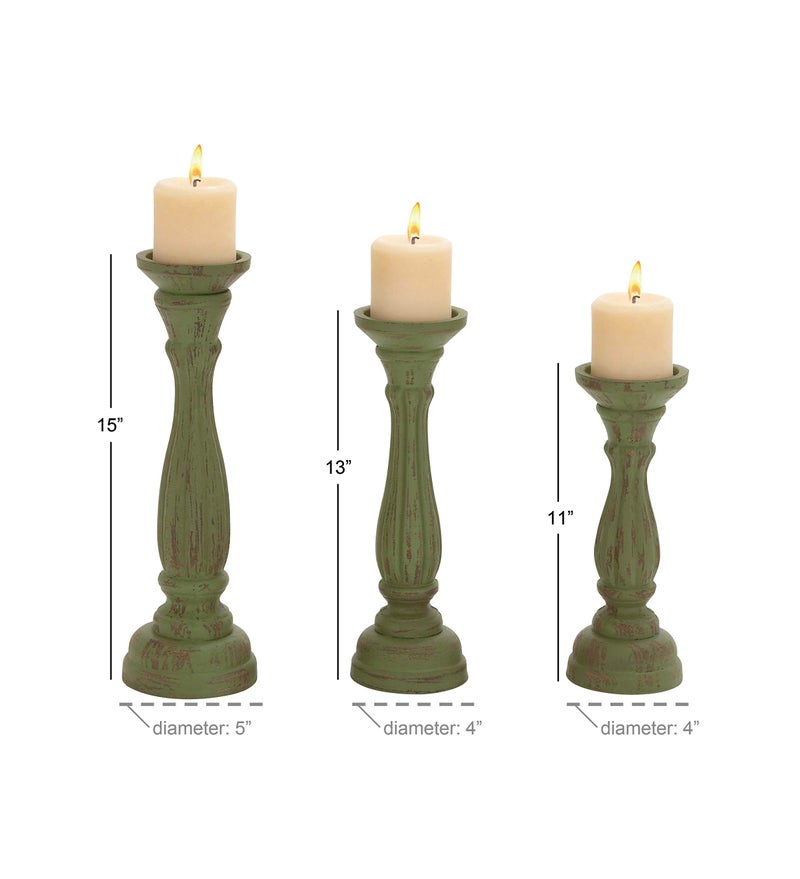 Deco 79 Wooden Decorative Candle Holder Distressed Turned Pillar Candle Stand, Set of 3 Candlestick Holder 15", 13", 11"H, Green - Image 2